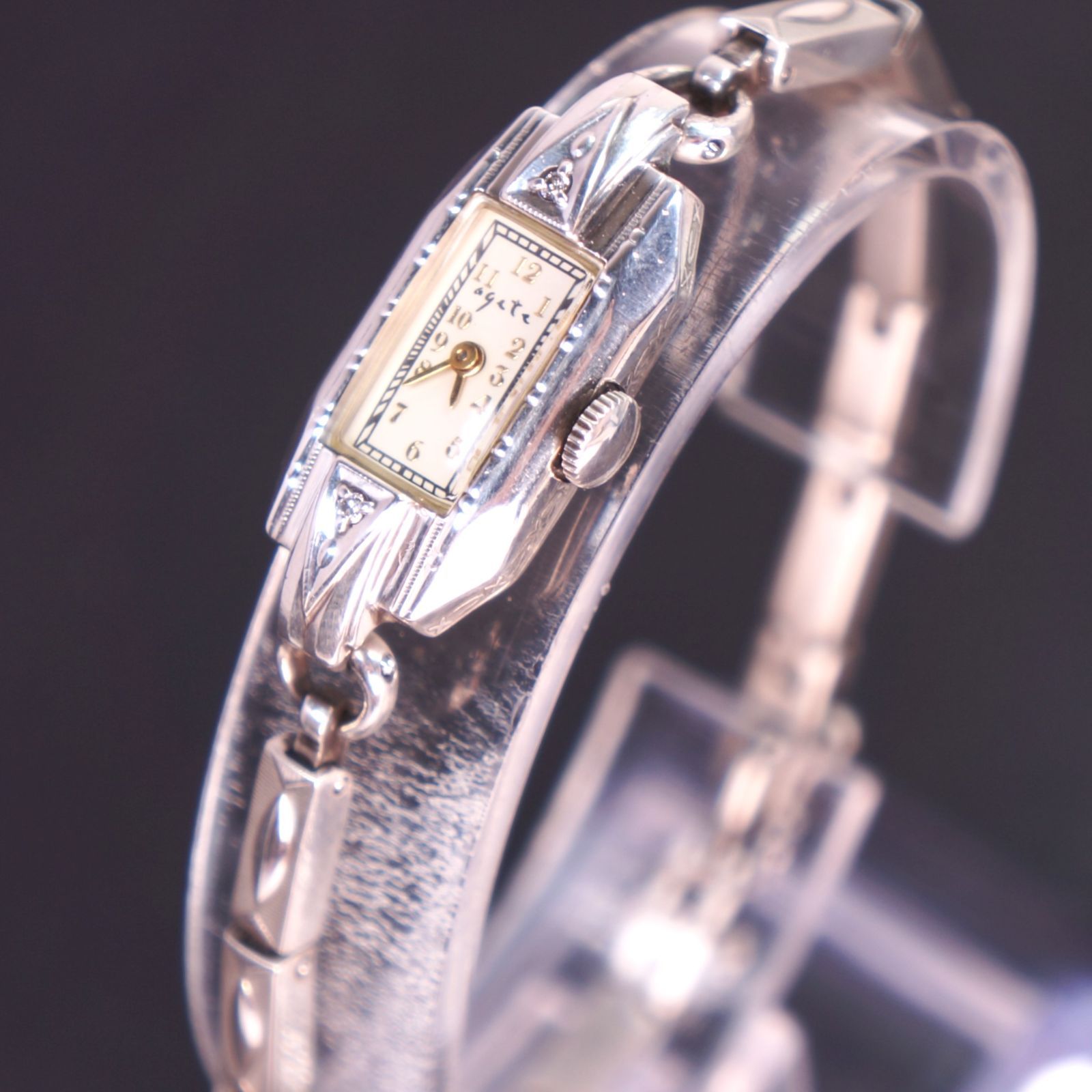 稼働品】agete スクエアフェイスジュエリーウォッチ SILVER 刻印有 
