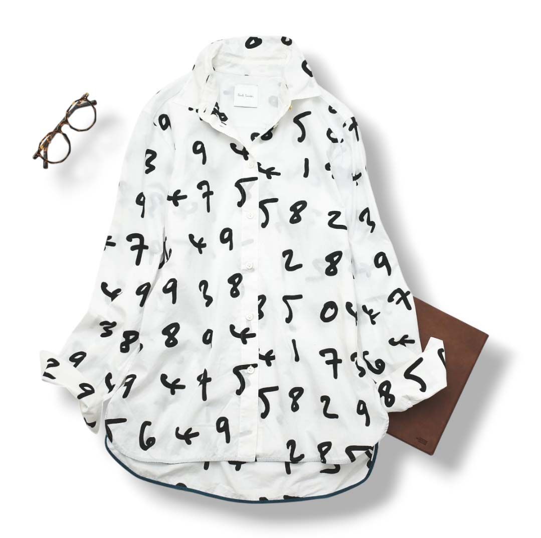 【ポールスミス】数字柄 総柄 シャツ 長袖 コットン 日本製 モード 黒白 XL ポールスミス Paul Smith 長袖 ナンバー プリント シャツ ラウンドヘム