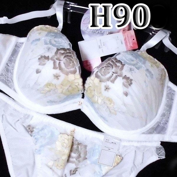 □69[H90&3L]pan cute美胸ブラジャーショーツセット ホワイト＆3色花