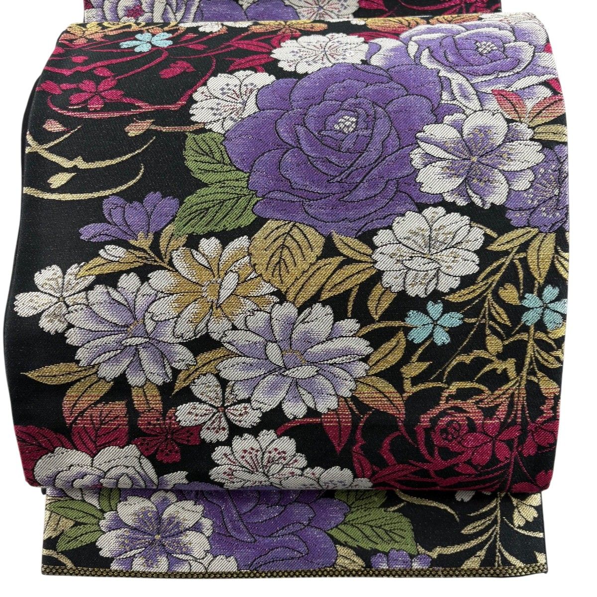 美品】 袋帯 名品 振袖向き 牡丹 桜 金糸 箔 黒 六通 正絹 美品】 袋帯 名品 振袖向き 牡丹 桜 金糸 箔 黒 六通 正絹
