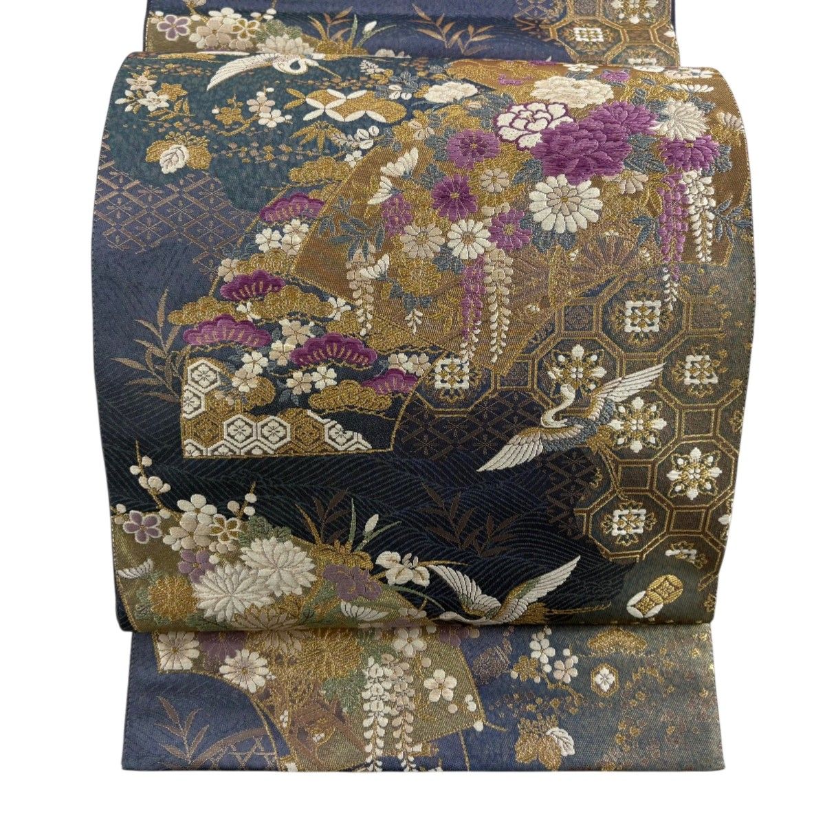 美品】 袋帯 秀品 佳日煌々文 扇面 花鳥 金糸 箔 紺色 六通 正絹