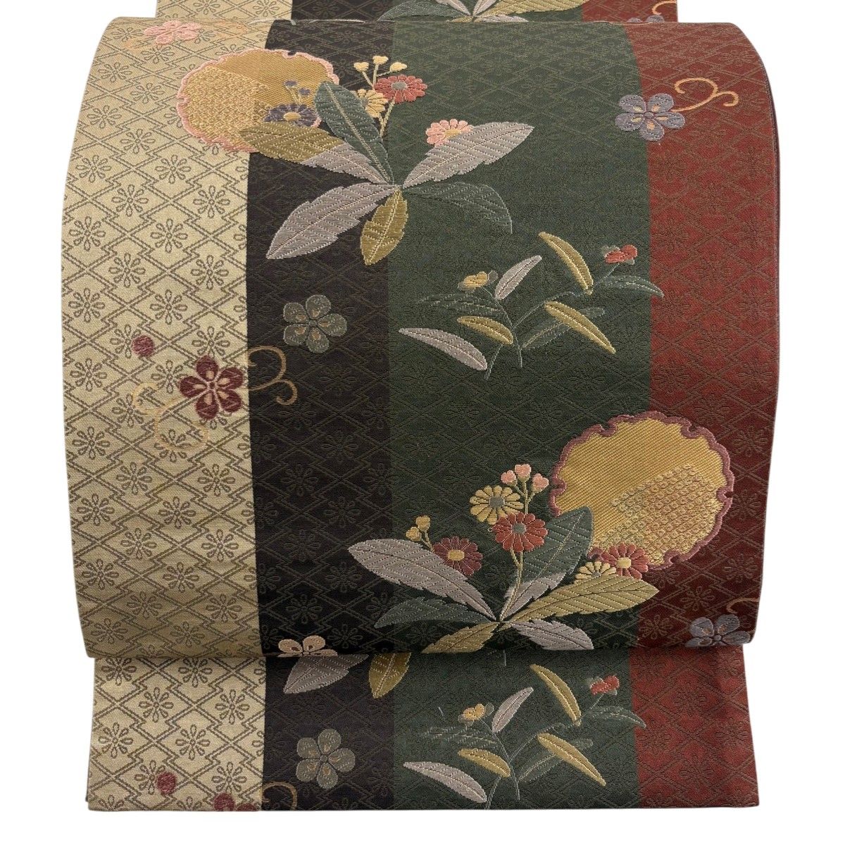 美品】 袋帯 秀品 雪輪 草花 唐織 箔 深緑 六通 正絹 【中古 美品】 袋帯 秀品 雪輪 草花 唐織 箔 深緑 六通 正絹 【中古
