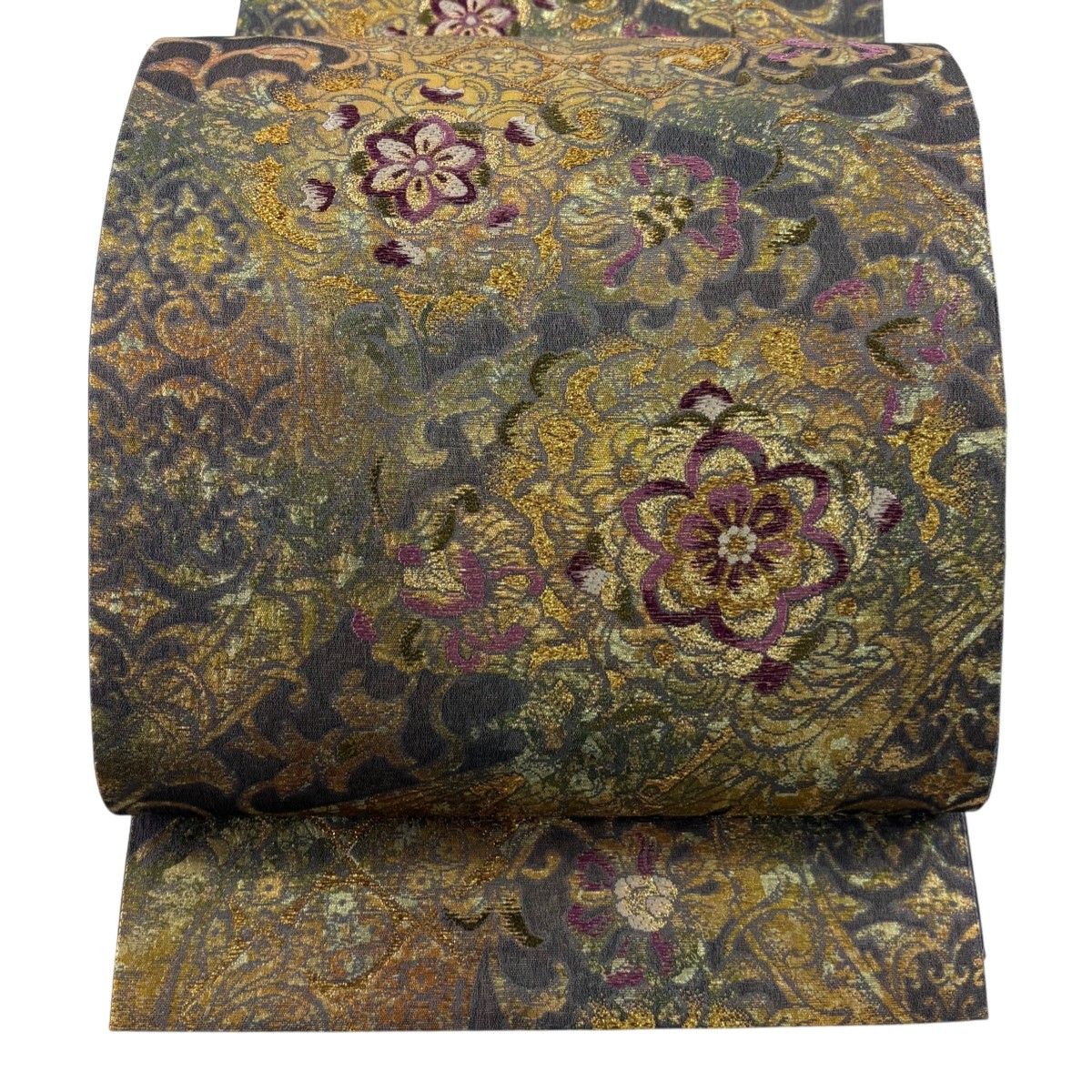美品】 袋帯 逸品 じゅらく 落款 帝王紫 華文 草花 金糸 箔 灰色 美品】 袋帯 逸品 じゅらく 落款 帝王紫 華文 草花 金糸 箔 灰色