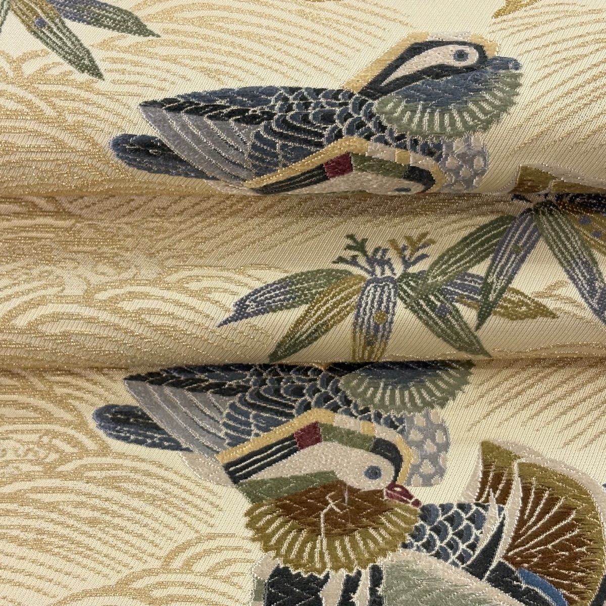 袋帯 逸品 人間国宝 羽田登喜男 落款 鴛鴦 松竹梅 金糸 箔 袋帯 逸品 人間国宝 羽田登喜男 落款 鴛鴦 松竹梅 金糸 箔
