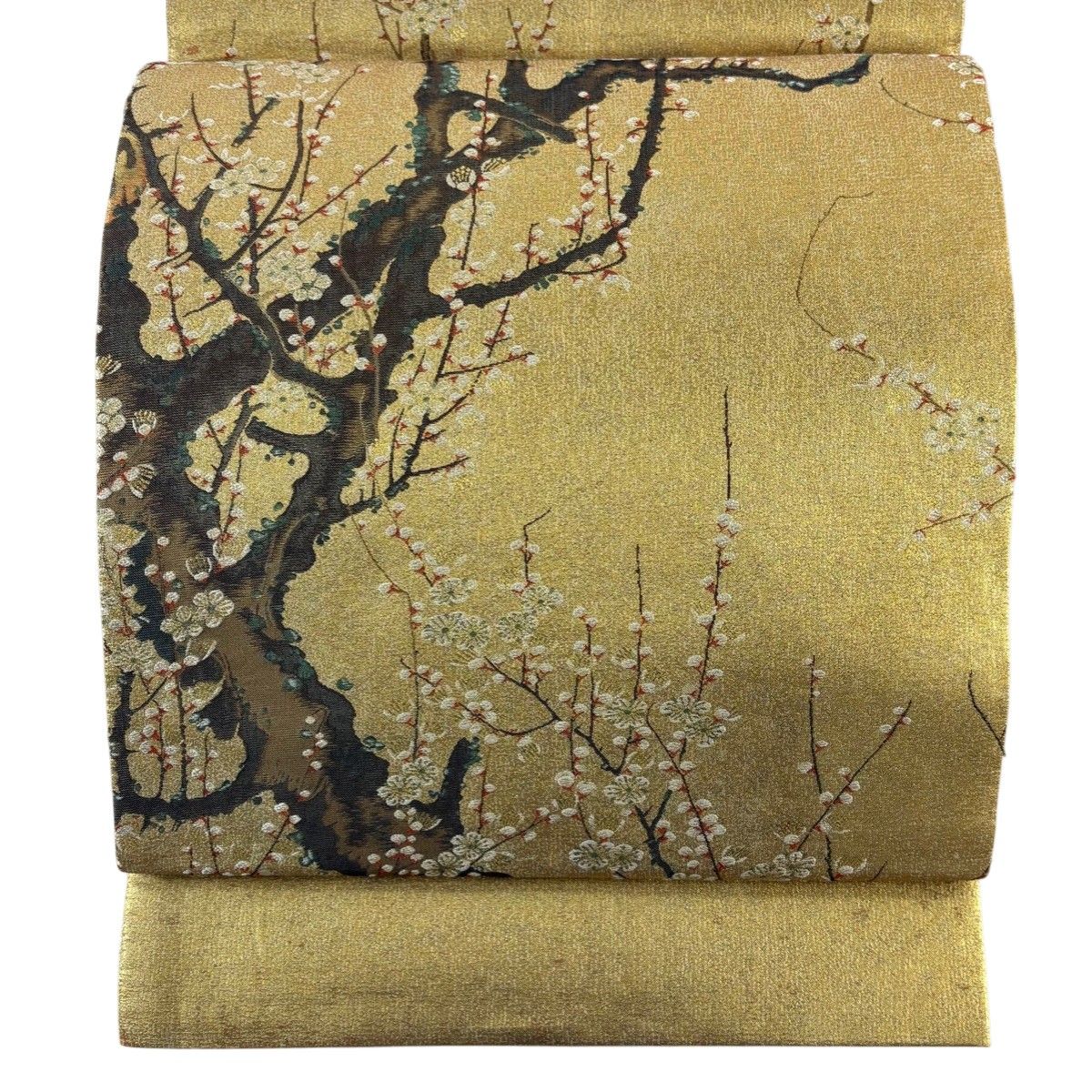 丸帯 逸品 落款 本金箔 千八百口織 梅花皓月図 金色 お太鼓柄 正絹 【中古】