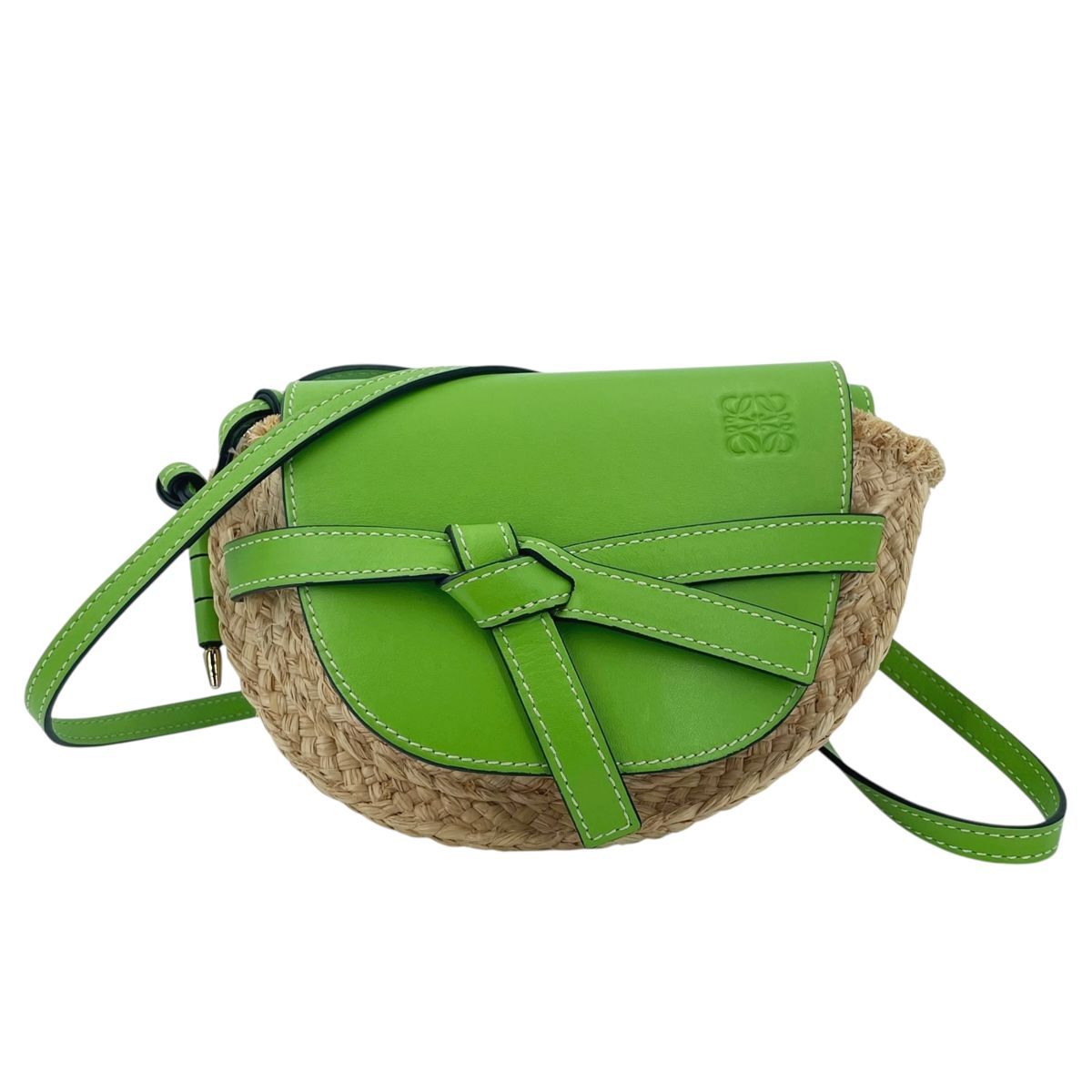 中古】 LOEWE ロエベ ゲートバッグミニ ライトグリーン ラフィア 