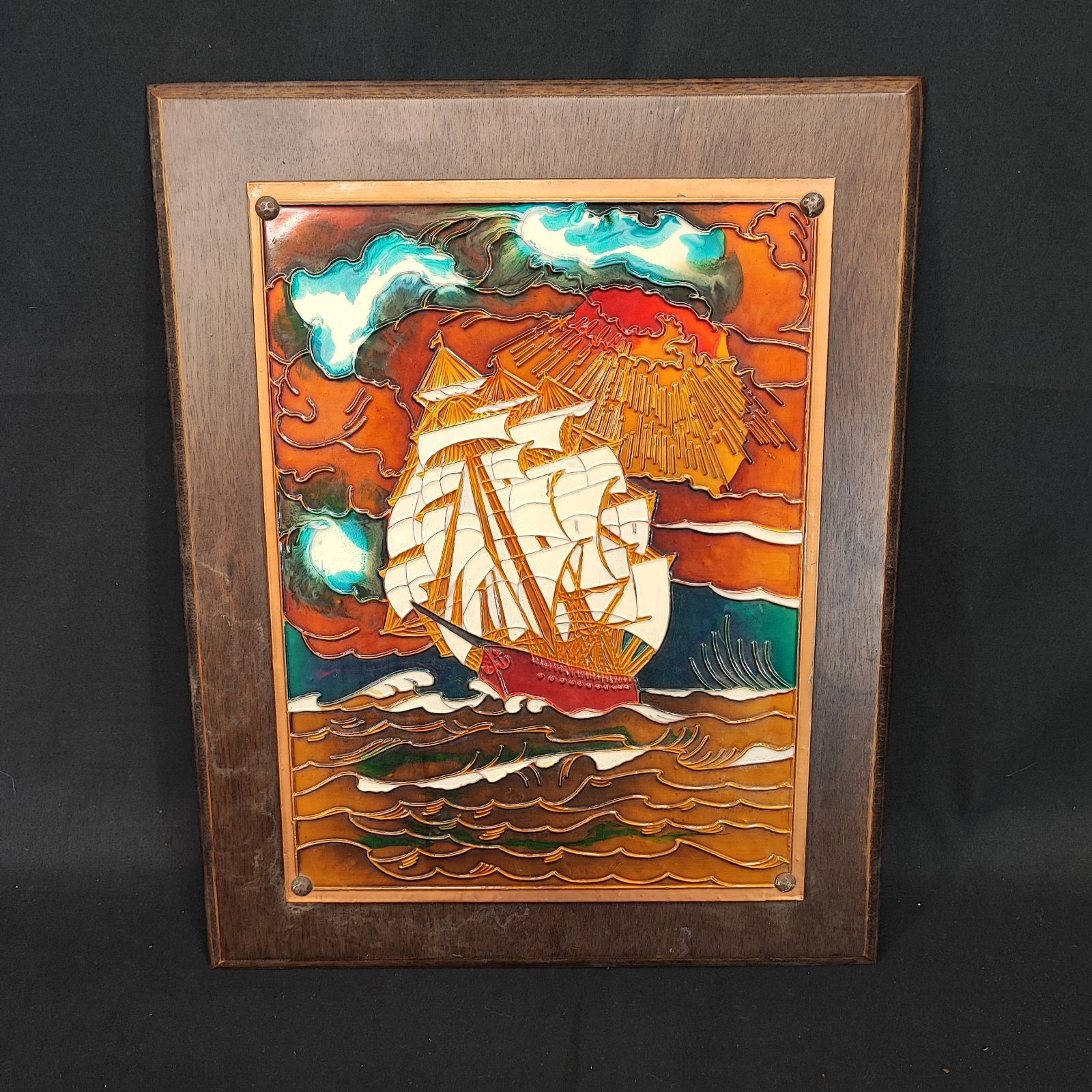 AETHRA アスラ 帆船 銅板 エナメル アート 壁掛け 木台 飾り AETHRA アスラ 帆船 銅板 エナメル アート 壁掛け 木台 飾り
