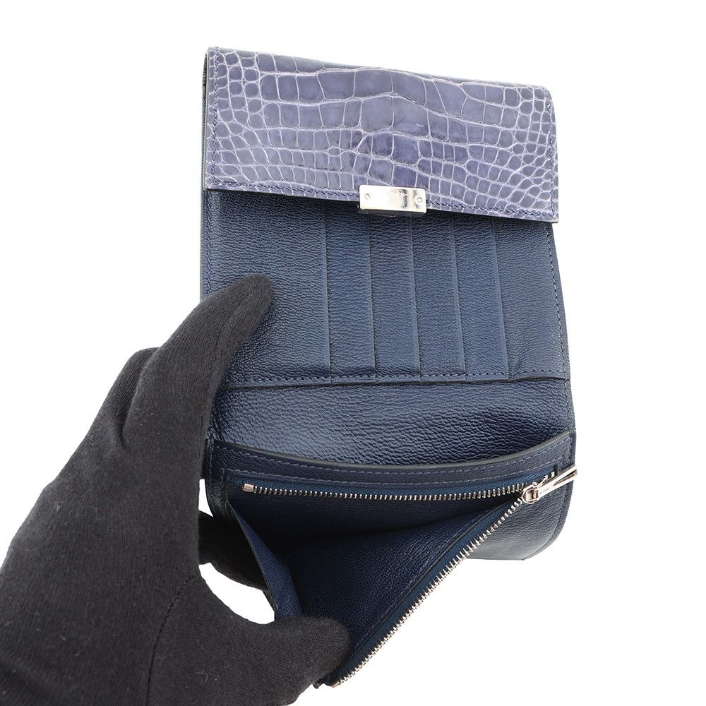 エルメス 三つ折り財布 クリック12 ネイビー/シルバー金具アリゲーター