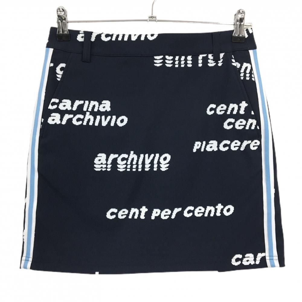 【超美品】アルチビオ スカート ネイビー×白 英字ロゴ総柄 裏地付き ストレッチ レディース 38(M) ゴルフウェア archivio ゴルフ 【超美品】アルチビオ スカート ネイビー×白 英字ロゴ総柄 裏地