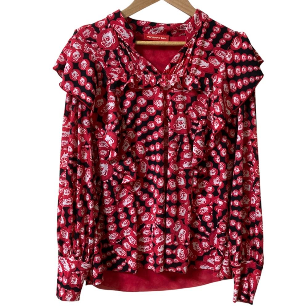 美品 VIVIENNE TAM ヴィヴィアンタム ドラゴンマンダラプリント 長袖 フリルパワーネットブラウス 38 レッド レディース 古着 中古 USED 美品 VIVIENNE TAM ヴィヴィアンタム ドラゴンマンダラプリント 長袖