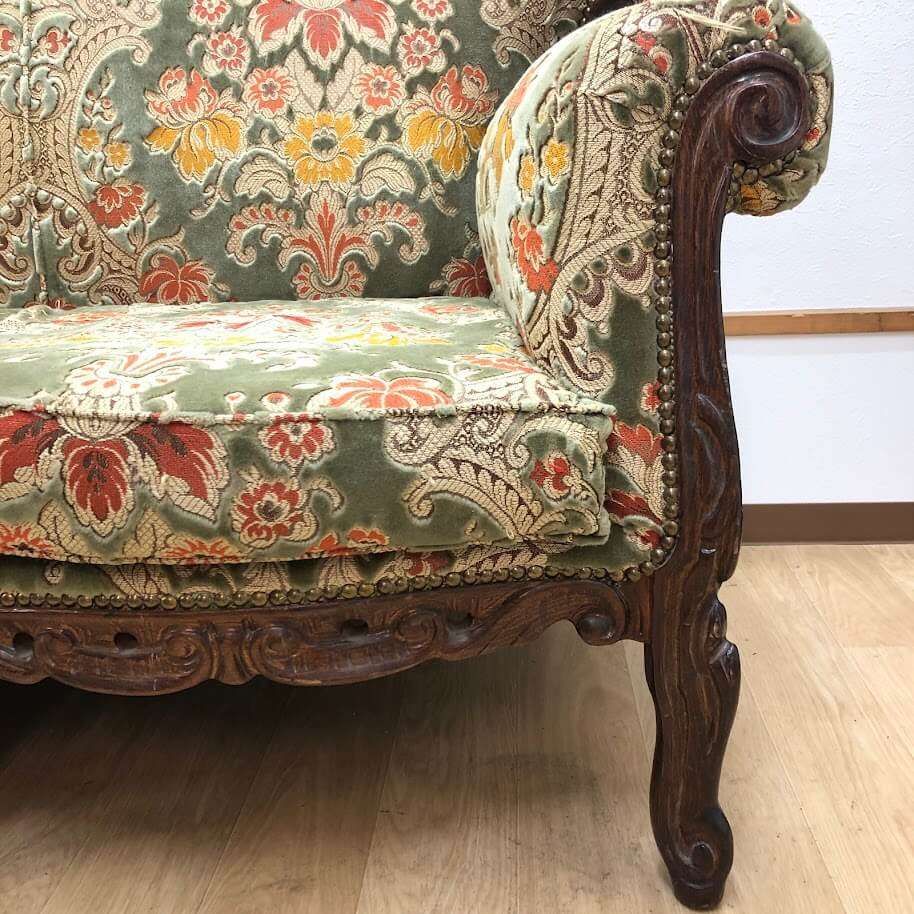 ss8472 【中古】 猫脚 3人掛けソファー 金華山織 グリーン イタリア製 