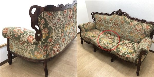 ss8473　猫脚 3人掛けソファー 金華山織 グリーン イタリア製？ ロココ調 ヨーロピアン ファブリックソファ 緑系 布張り 肘掛け付 3P 3シーター アンティーク調 ソファー 中古 ss8473 【中古】 猫脚 3人掛けソファー 金華山織 グリーン イタリア製