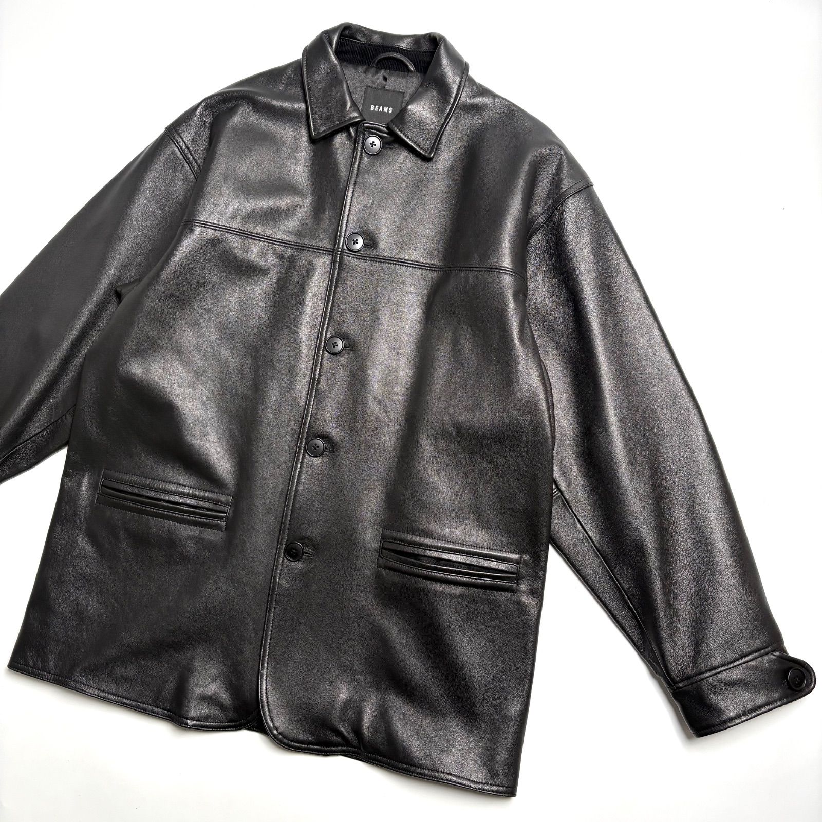羊革】BEAMS レザージャケット 黒 M カーコート シープスキン 本革 