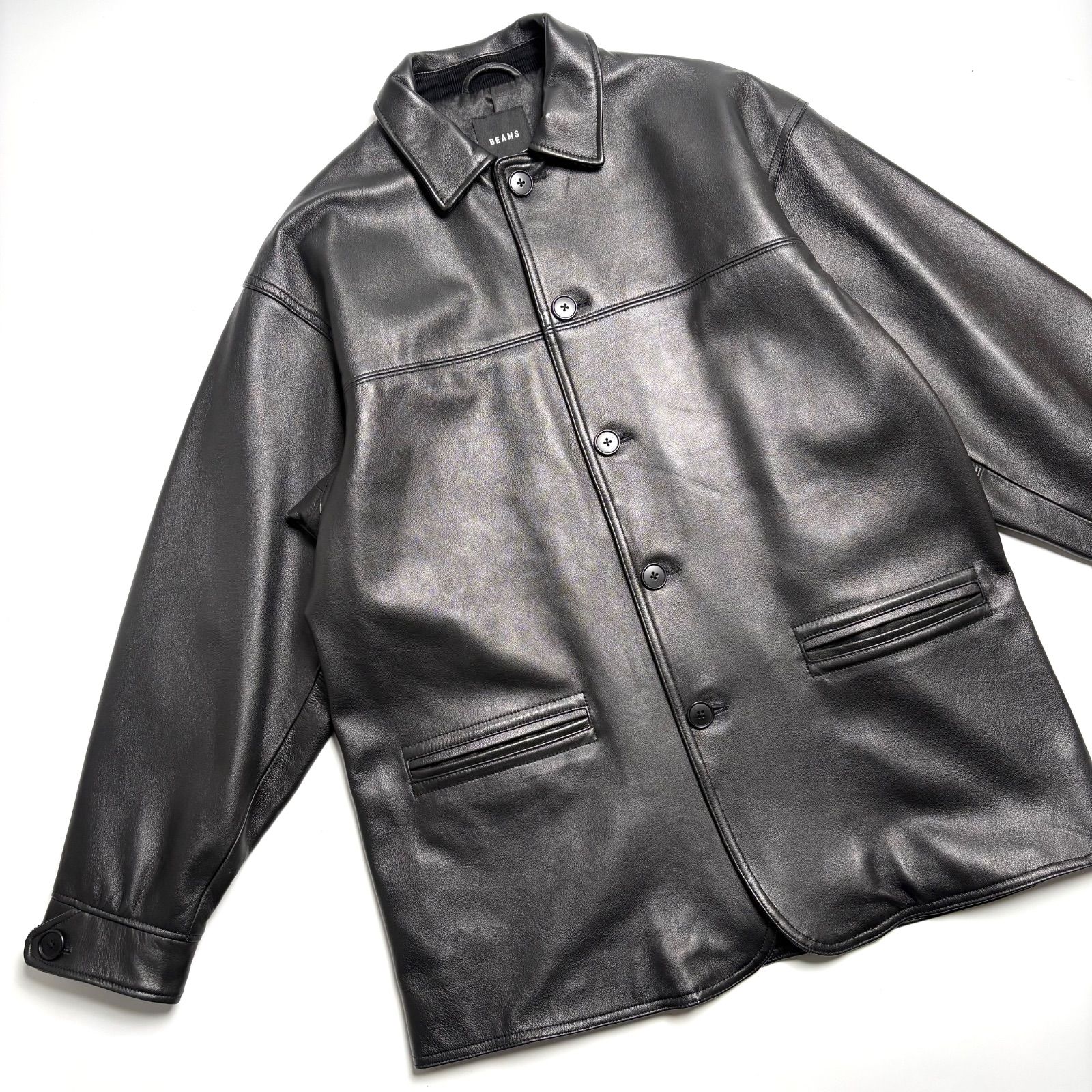 羊革】BEAMS レザージャケット 黒 M カーコート シープスキン 本革 