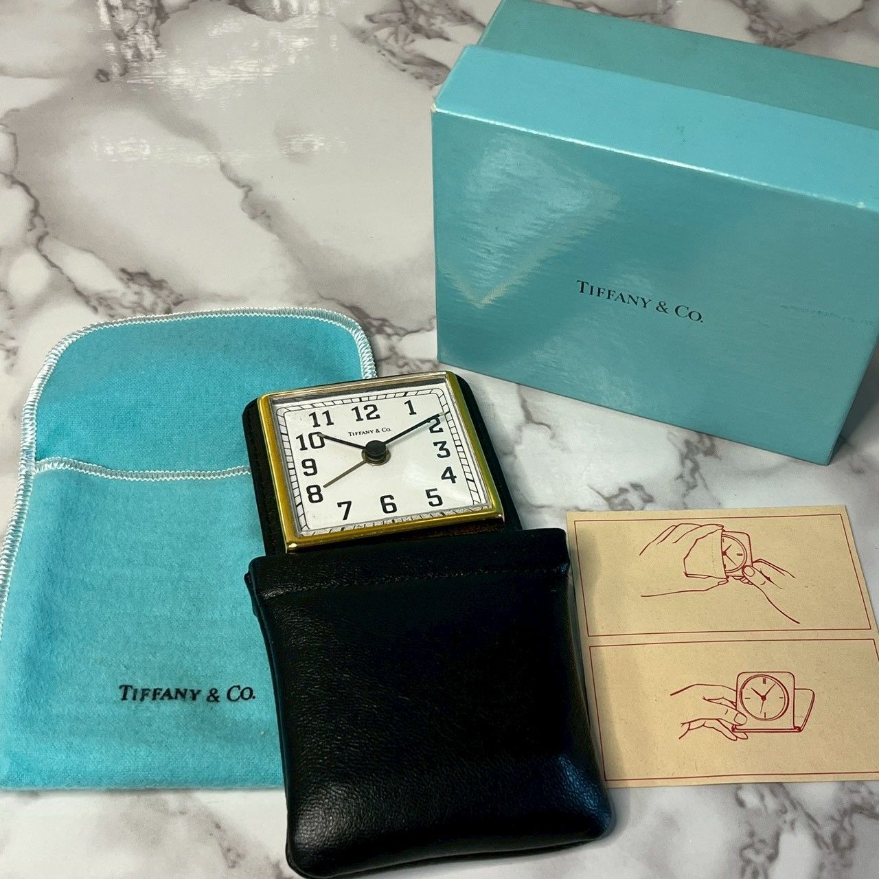 Tiffany & Co Travel Clock Table Clock with Leather Case, Made in West Germany