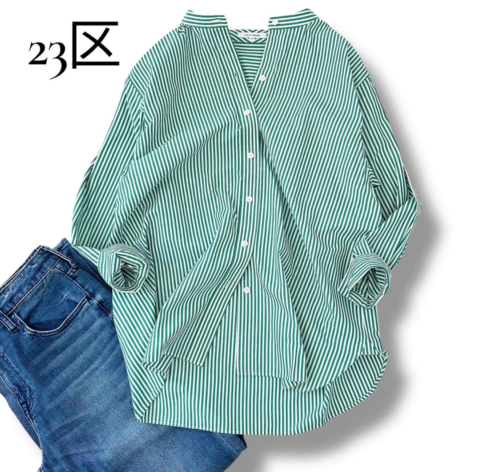 ニジュウサンク 23区 L CANCLINI バンドカラー シャツ ストライプ 