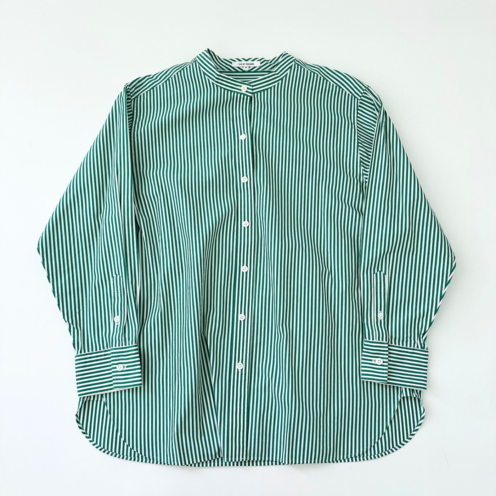 23区 L CANCLINI バンドカラー シャツ ストライプ グリーン 46 3XL 4L 