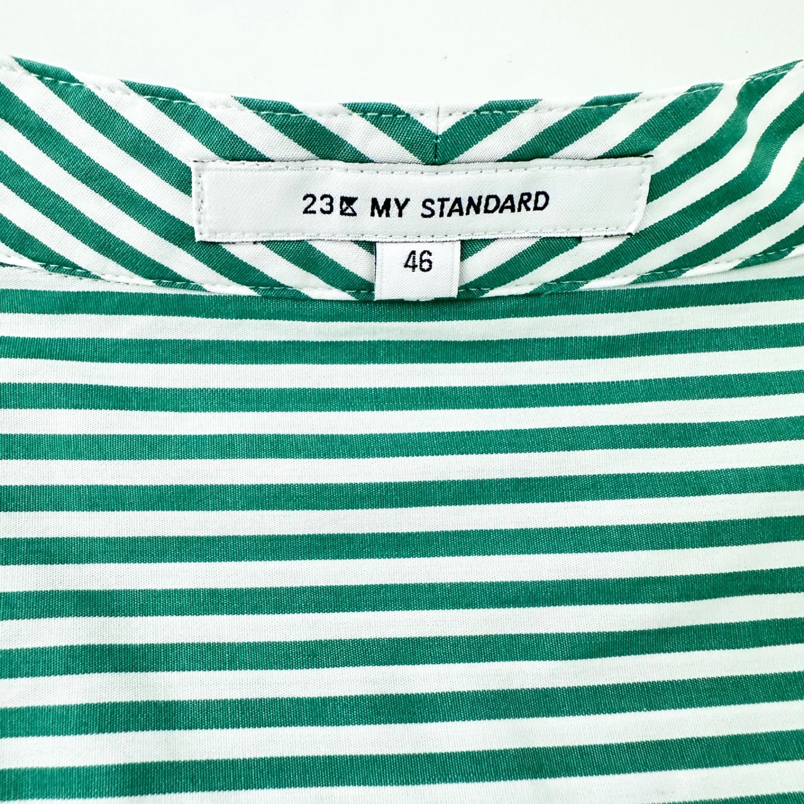 23区 L CANCLINI バンドカラー シャツ ストライプ グリーン 46 3XL 4L 