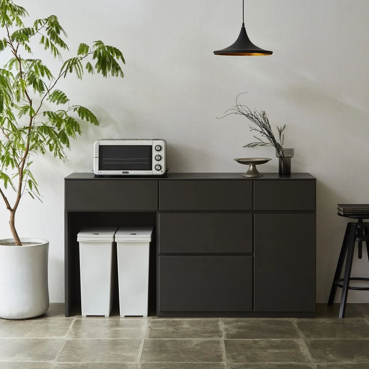 ♪セラミック天板 ワイド キッチンカウンター ブラック［幅160cm］　　　　食器棚 キッチンボード キッチン収納 レンジ台 レンジボード