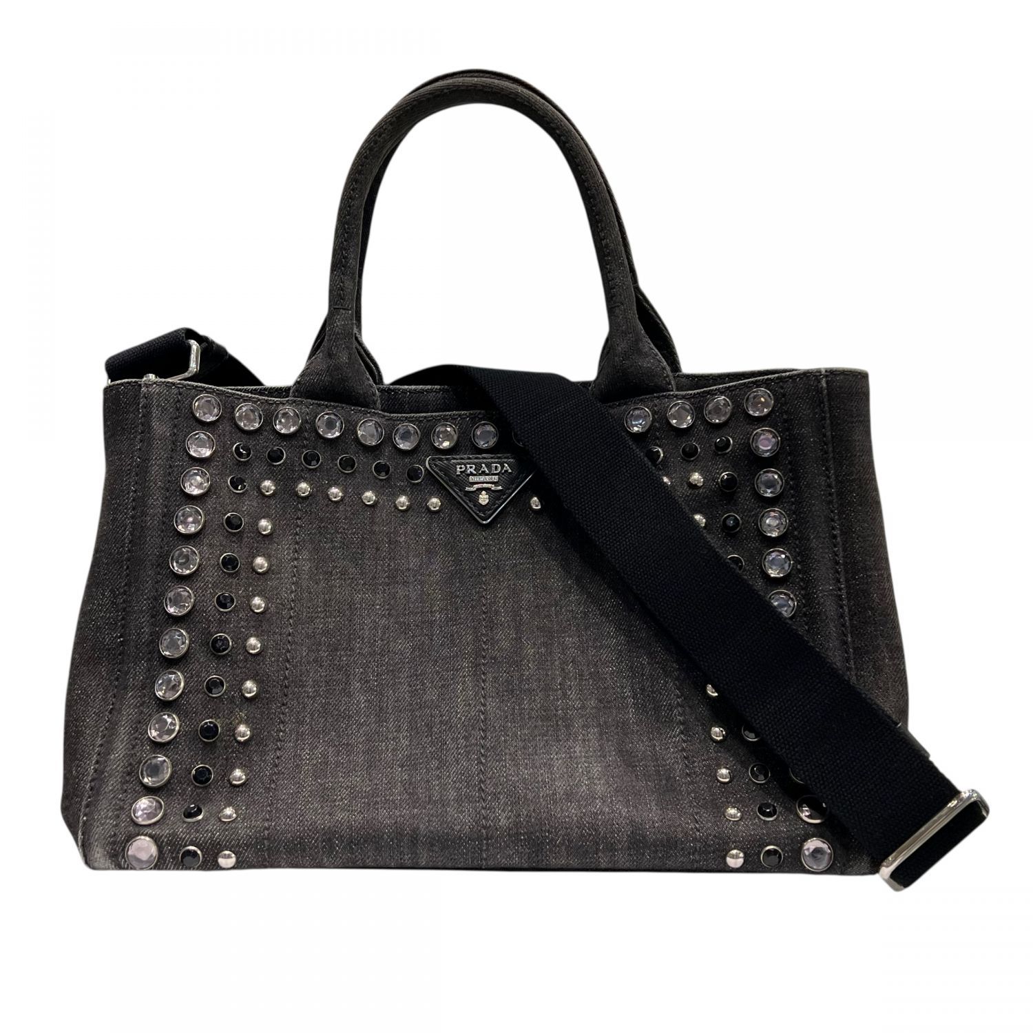 中古】 PRADA プラダ 2wayカナパ トートバッグ デニム/ビジュー 中古】 PRADA プラダ 2wayカナパ トートバッグ デニム/ビジュー