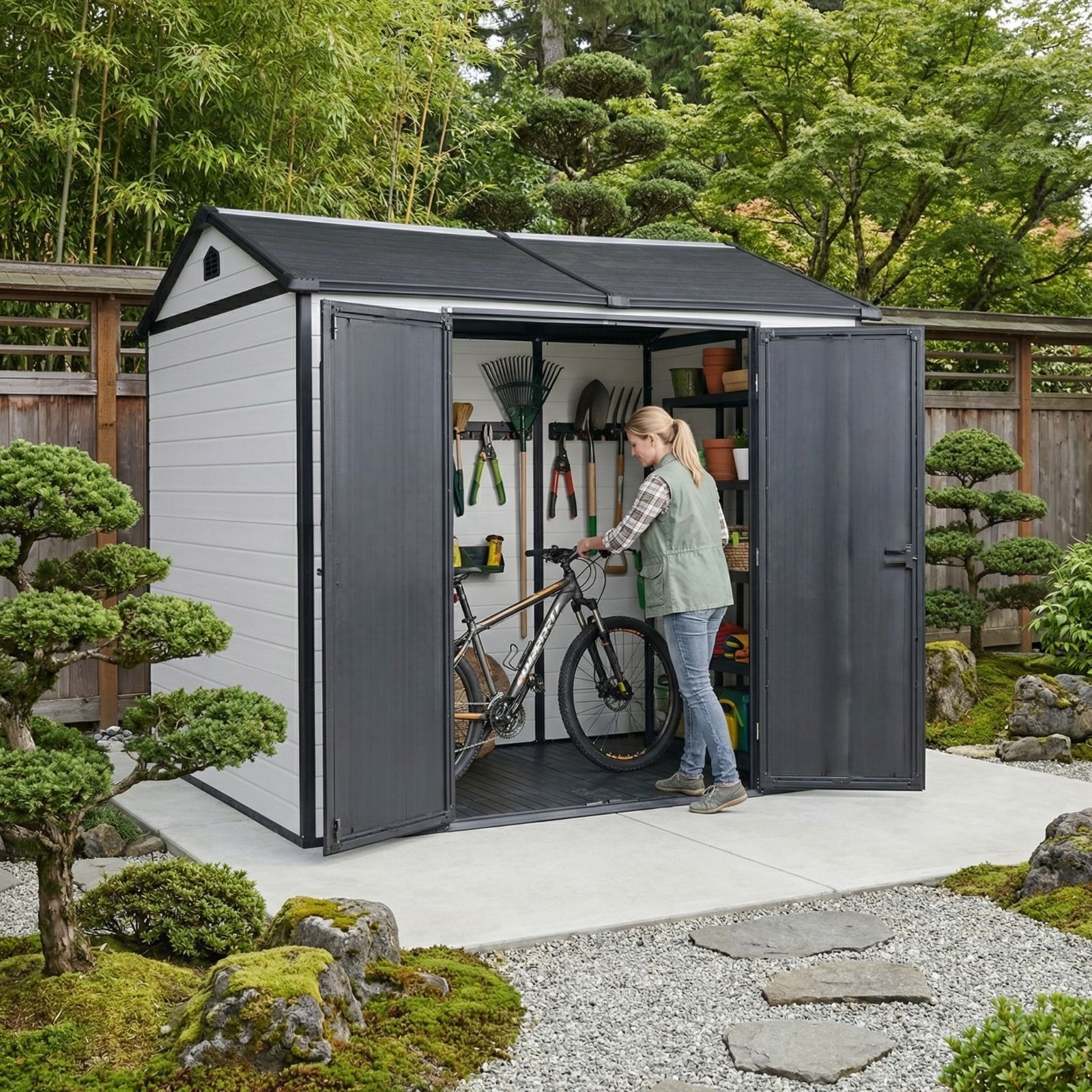 【2000円OFFクーポン配布中】超大型 244cm 物置 屋外 樹脂製 大型収納庫 床板付き 窓・通気口付き 両開き扉 大容量 防水設計 サビに強い ガーデン倉庫 自転車・アウトドア収納 3COLOR