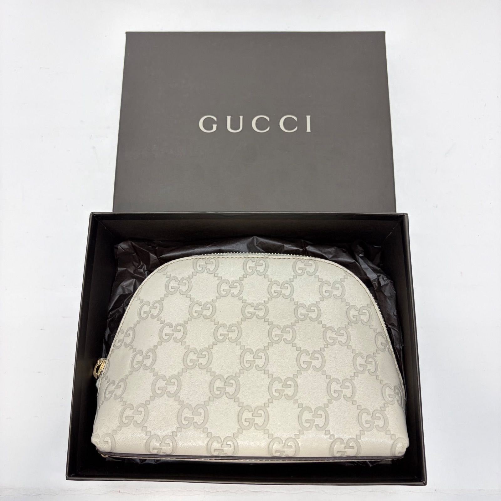 3907 美品 GUCCI グッチ ポーチ 小物入れ シマレザー ホワイトベージュ 