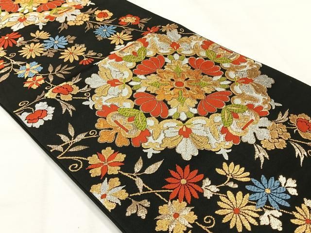 平和屋着物◎六通柄袋帯 正倉院花文 黒地 金銀糸 正絹 逸品 