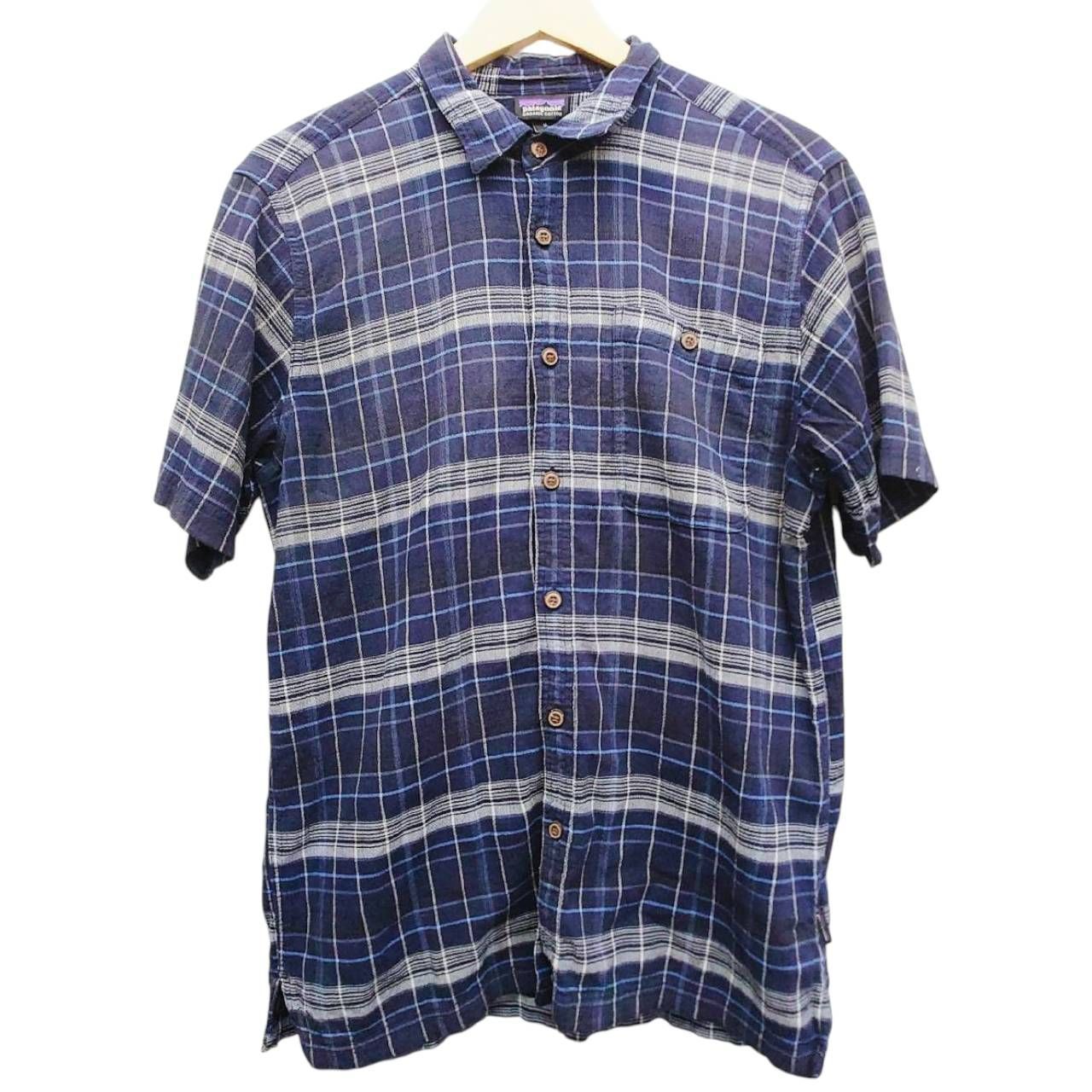Patagonia パタゴニア 半袖シャツ M チェック ネイビー オーガニック