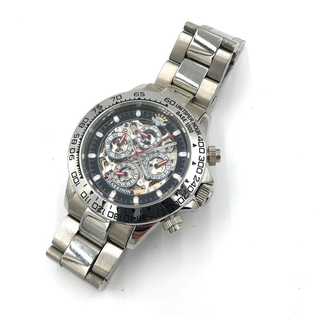 ジャンク品 自動巻き時計 シルバーカラー J.HARRISON ジョンハリソン J.H-003C クロノグラフ スケルトン 自動