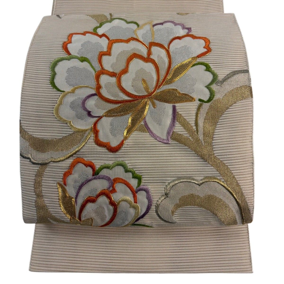 美品】 名古屋帯 優品 夏帯 絽 八寸名古屋帯 松葉仕立て 草花 金 美品】 名古屋帯 優品 夏帯 絽 八寸名古屋帯 松葉仕立て 草花 金
