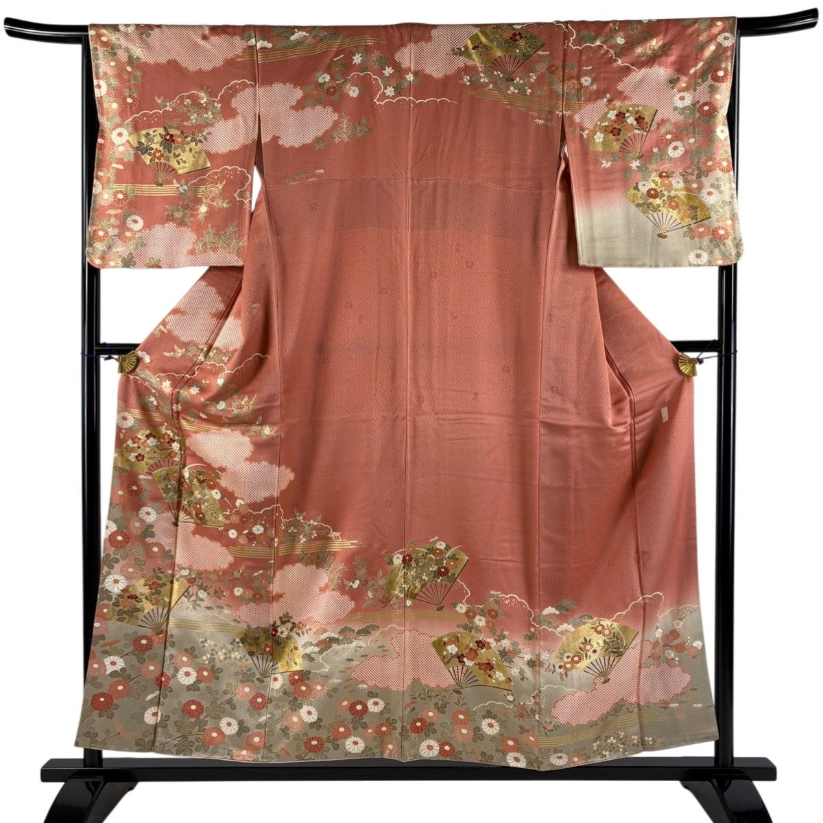 訪問着 身丈154.5cm 裄丈66cm M 袷 吾妻徳穂 落款 扇 草花 金糸 金彩 