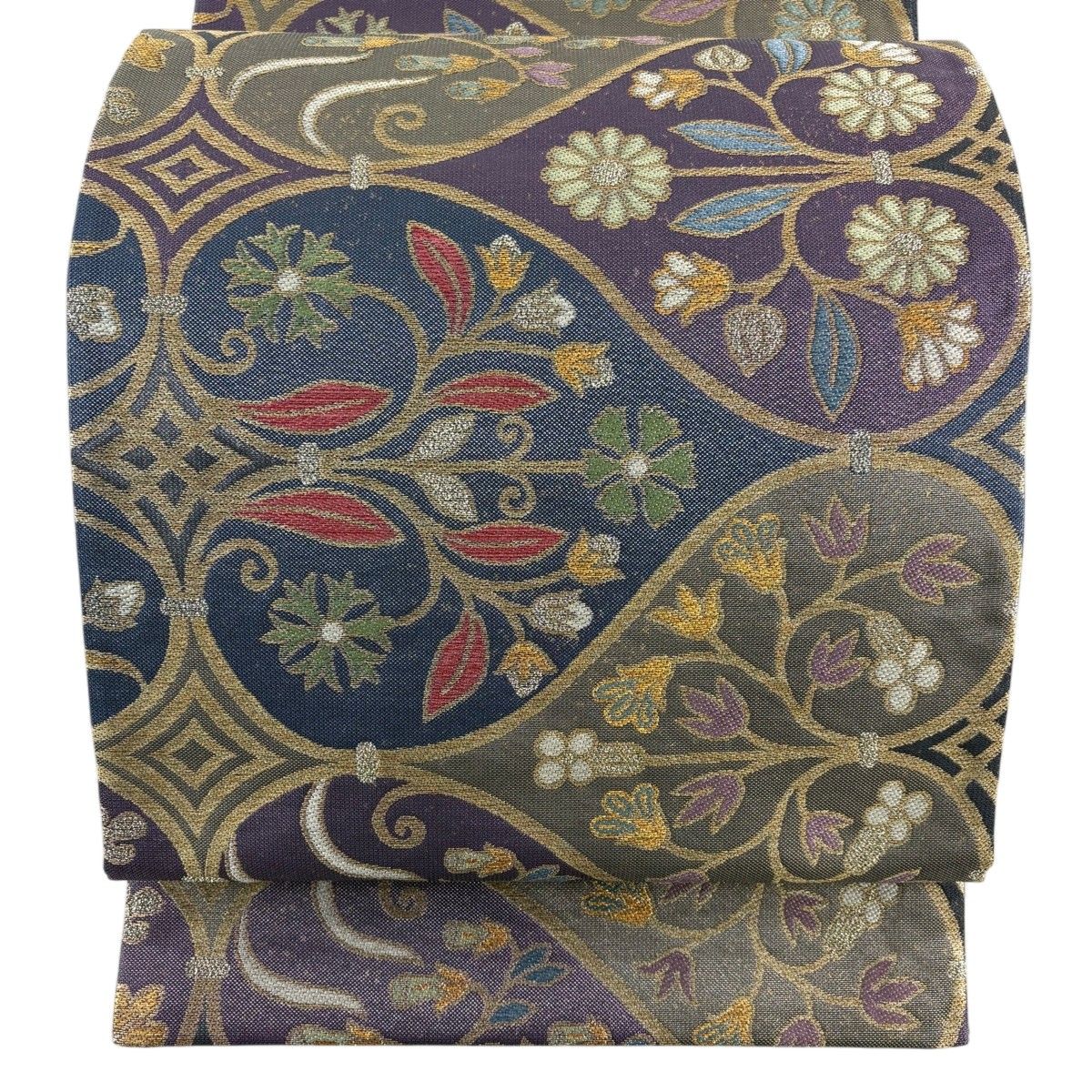 袋帯 美品 秀品 華文 花唐草 金糸 箔 紺色 六通 正絹 【中古】 袋帯 秀