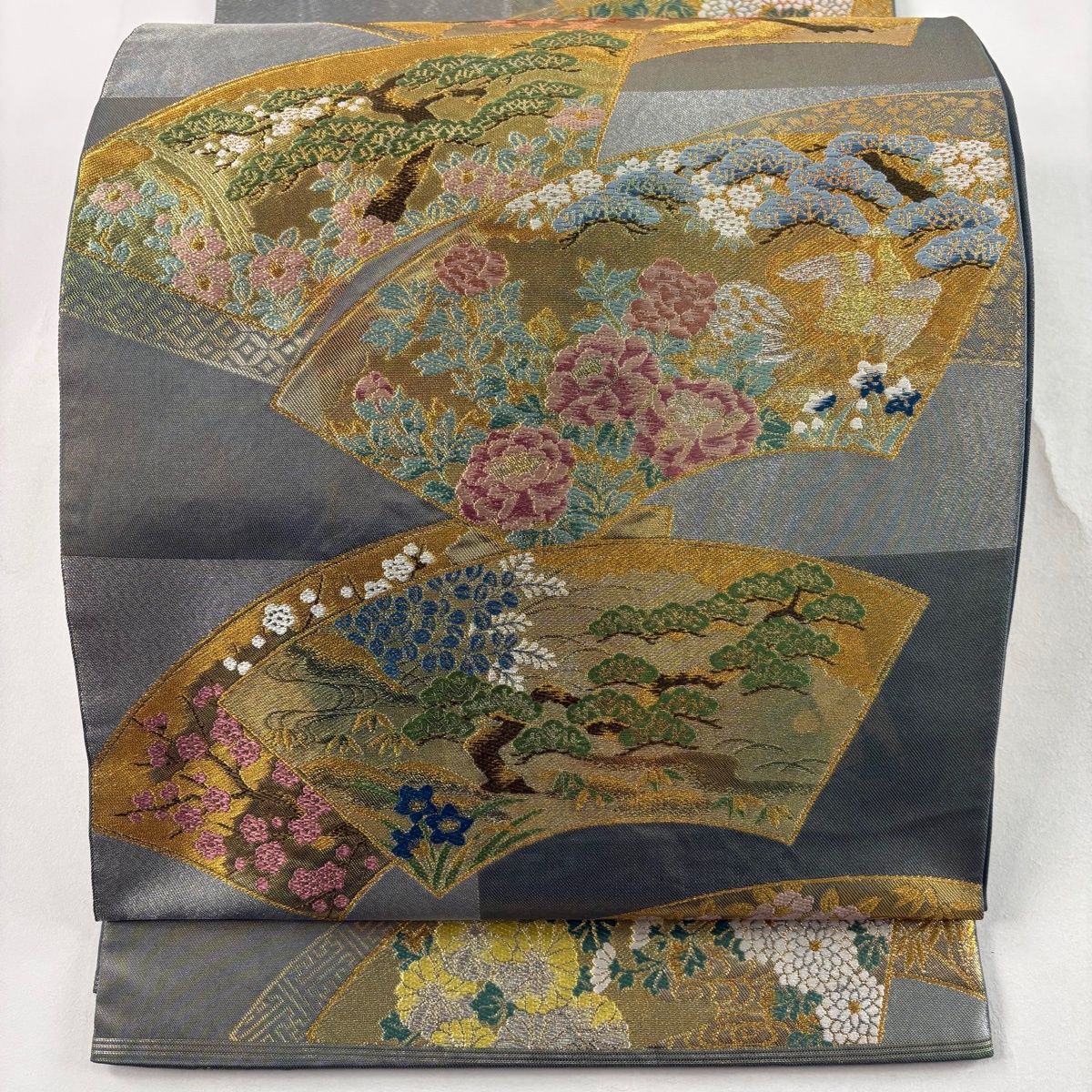美品】 袋帯 名品 川島織物 落款 関西仕立て 扇面 松 金銀糸 箔 灰緑 