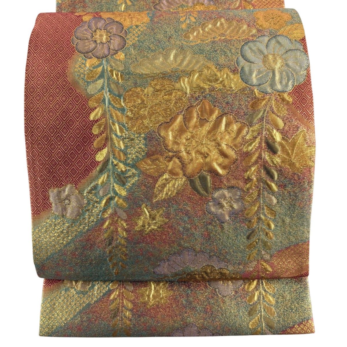 美品】 袋帯 秀品 落款 佐賀錦 辻が花柄 入子菱 箔 茜色 六通 正絹 