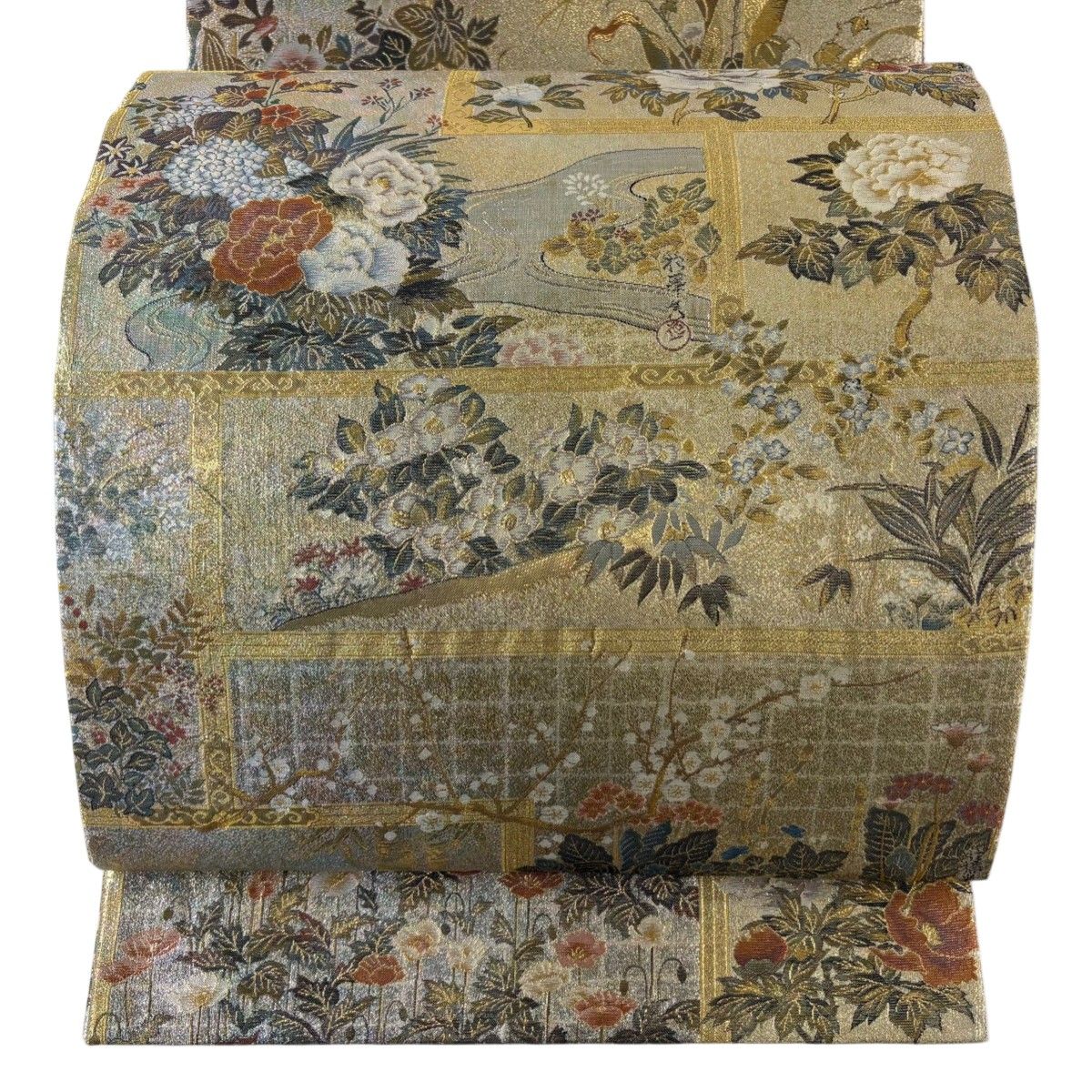丸帯 名品 落款 プラチナ本金箔一阡八百口織 新琳派大全集 金糸 金色 全通 正絹 【中古】