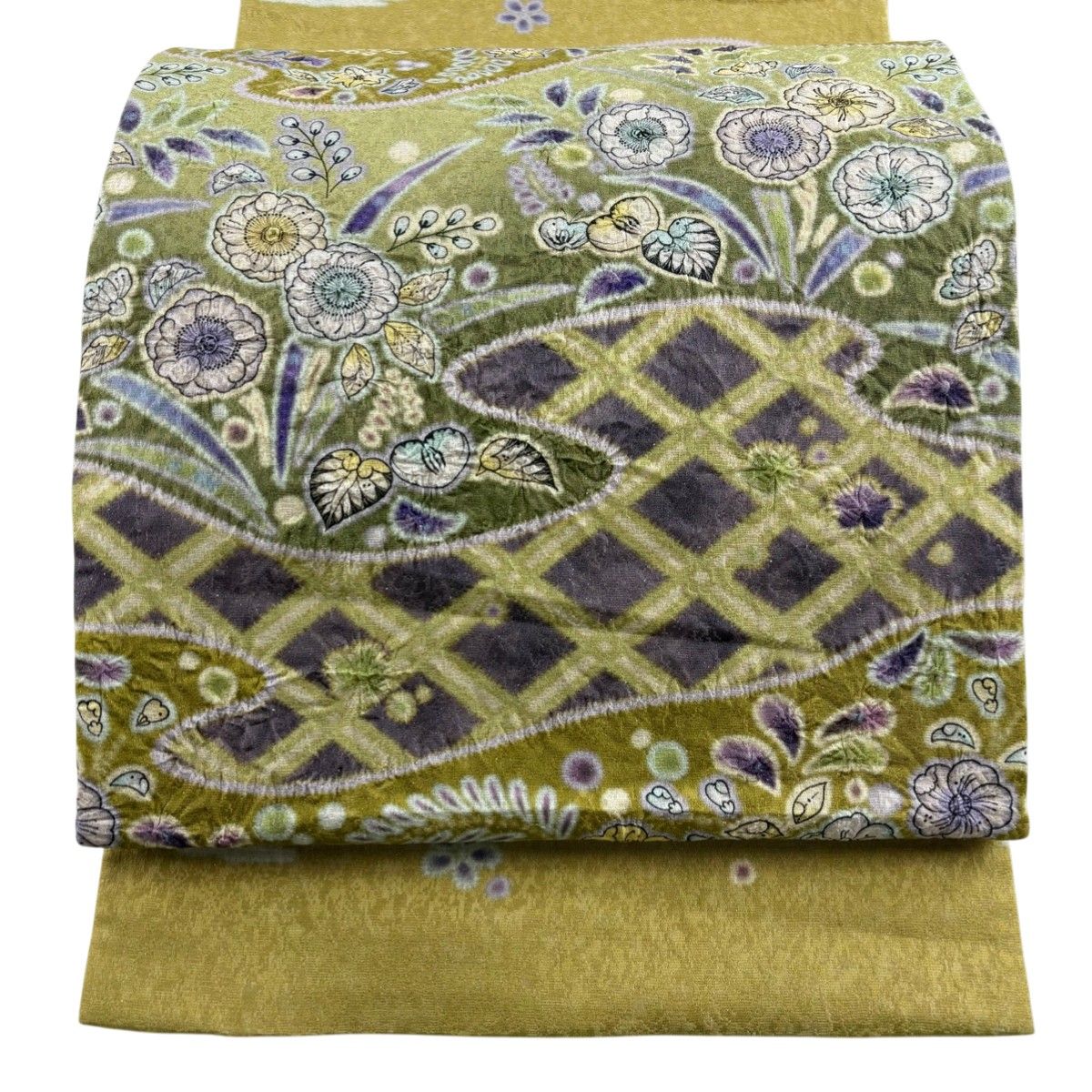 美品】 袋帯 名品 辻が花 菱 箔 絞り 黄緑色 お太鼓柄 正絹