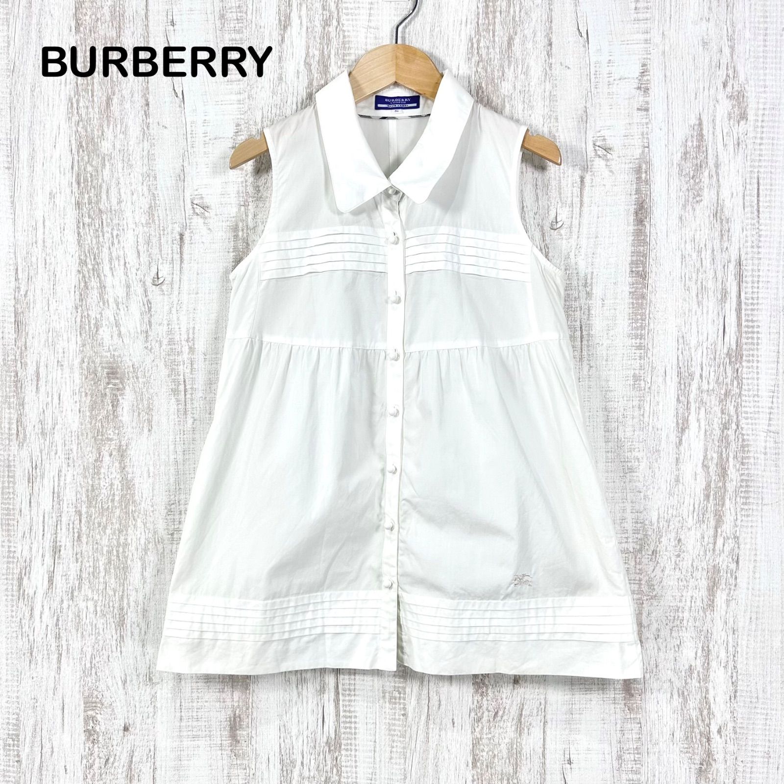 BURBERRY BLUE LABEL バーバリーブルーレーベル ホースロゴ刺繡 プリーツ ノースリーブ ブラウス ホワイト レディース トップス