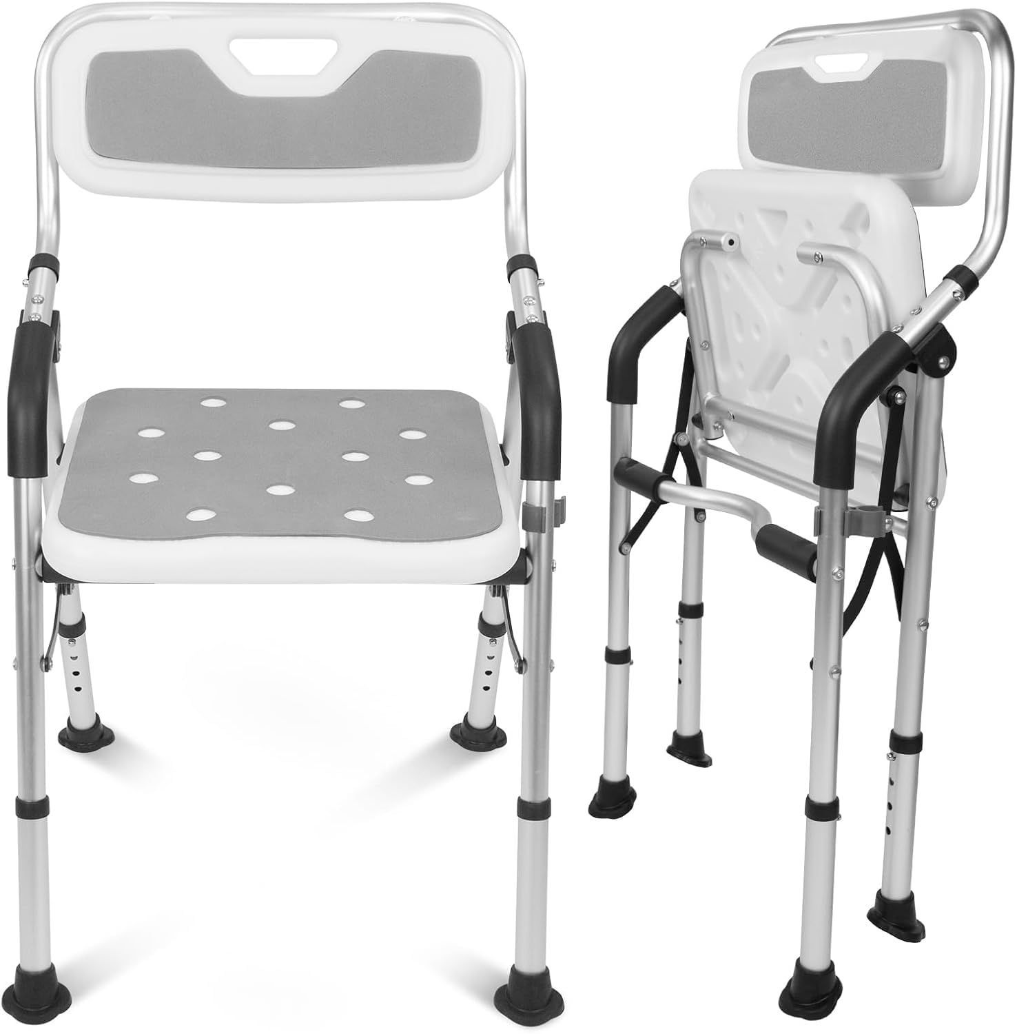【人気商品】介護チェア 耐荷重150KG バスチェア 転倒防止 4段階高さ調節可能 ベンチ 風呂椅子 立ち上がり補助 介護用品 入浴用品 アルミ合金フレーム 収納に便利 丈夫 日本語説明書付き 軽量 (グレー 介護用 平たい座面) 折りたたみシャワーチェアシャ