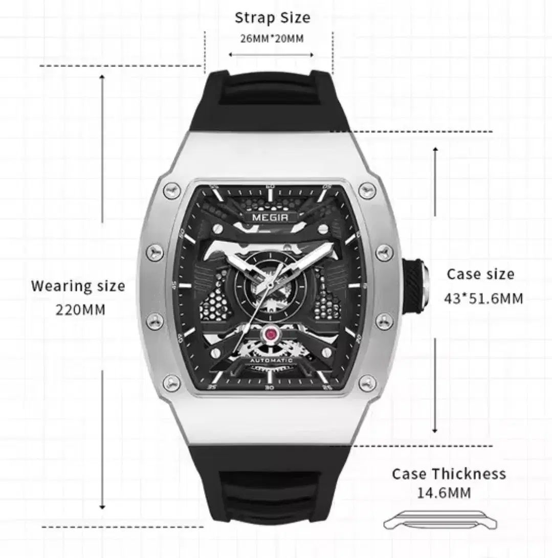  MEGIR オートマチック時計 ブラック シリコンバンド リーチャードミル オマージュ コーデセット 自動巻き時計 腕時計(アナログ)