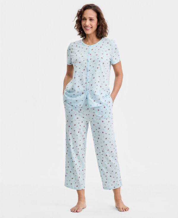 チャータークラブ レディース アンダーウェア ナイトウェア プリント コットン クロップド Charter Club Womens 2Pc Cotton Printed Cropped Pajamaset Divine Rose
