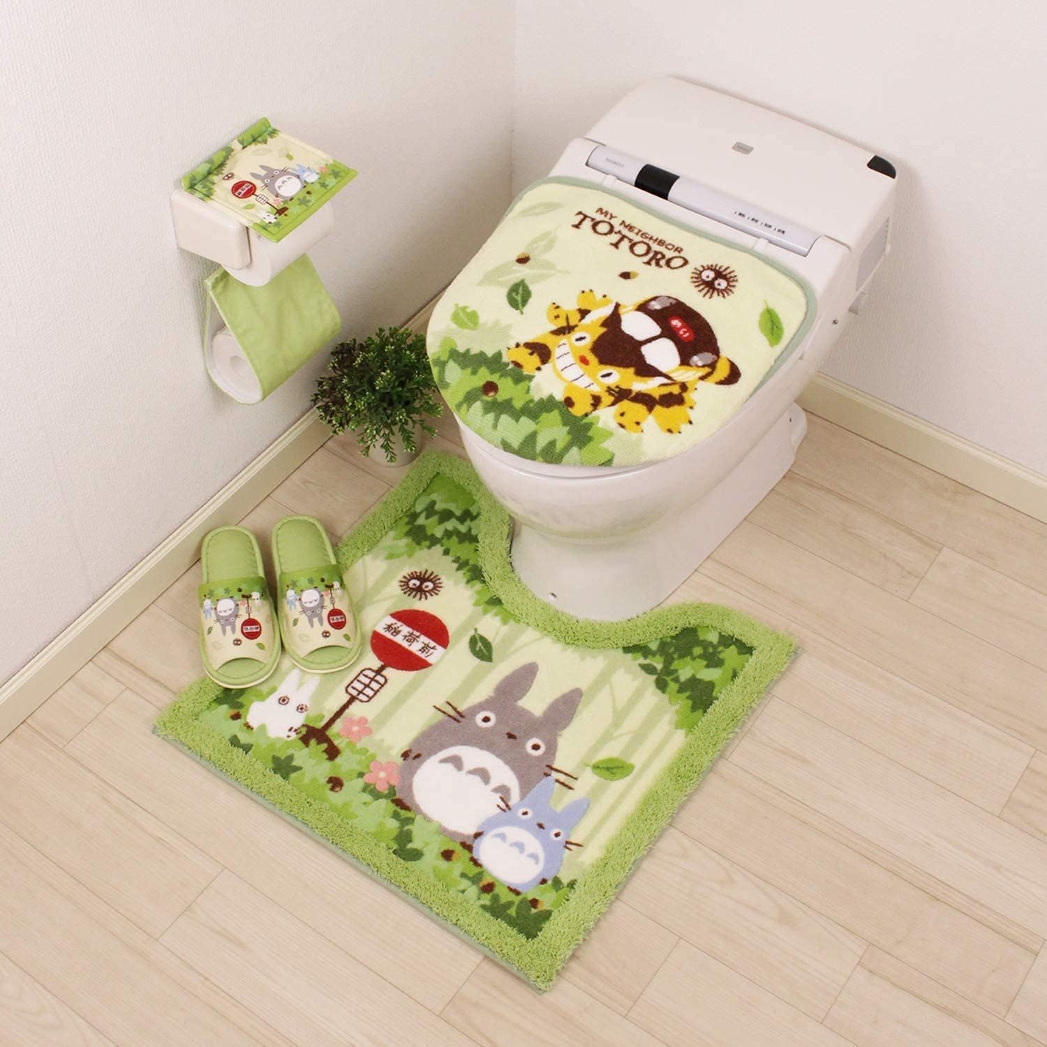 となりのトトロ なかま 洗浄便座ふたカバー トイレマット スリッパ ペーパーホルダーカバー 4点セット グリーン