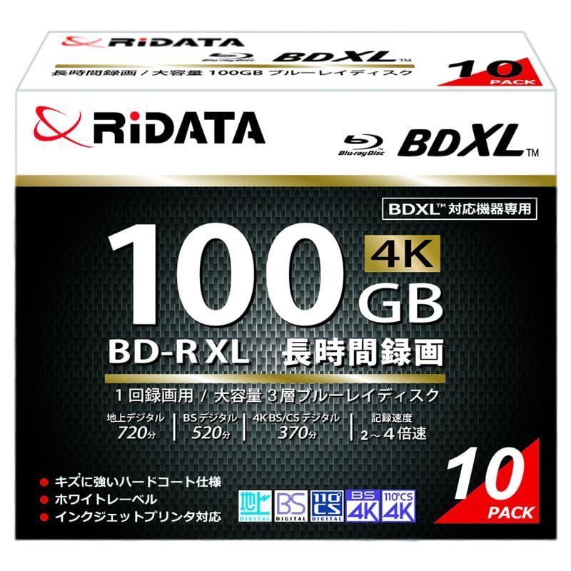 新品 RIDATA(ライデータ) 【RiTEK製】1回録画用 ブルーレイディスク BD-R XL 100GB 2-4倍速 ホワイトプリンタブル 片面3層 10枚スリムケース (BD-R520PW4X.10PSC A)