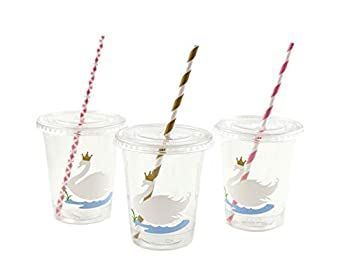 Swan Party Cup ? 白鳥姫誕生日ベビーシャワーセット 12個セット 蓋ストロー付き