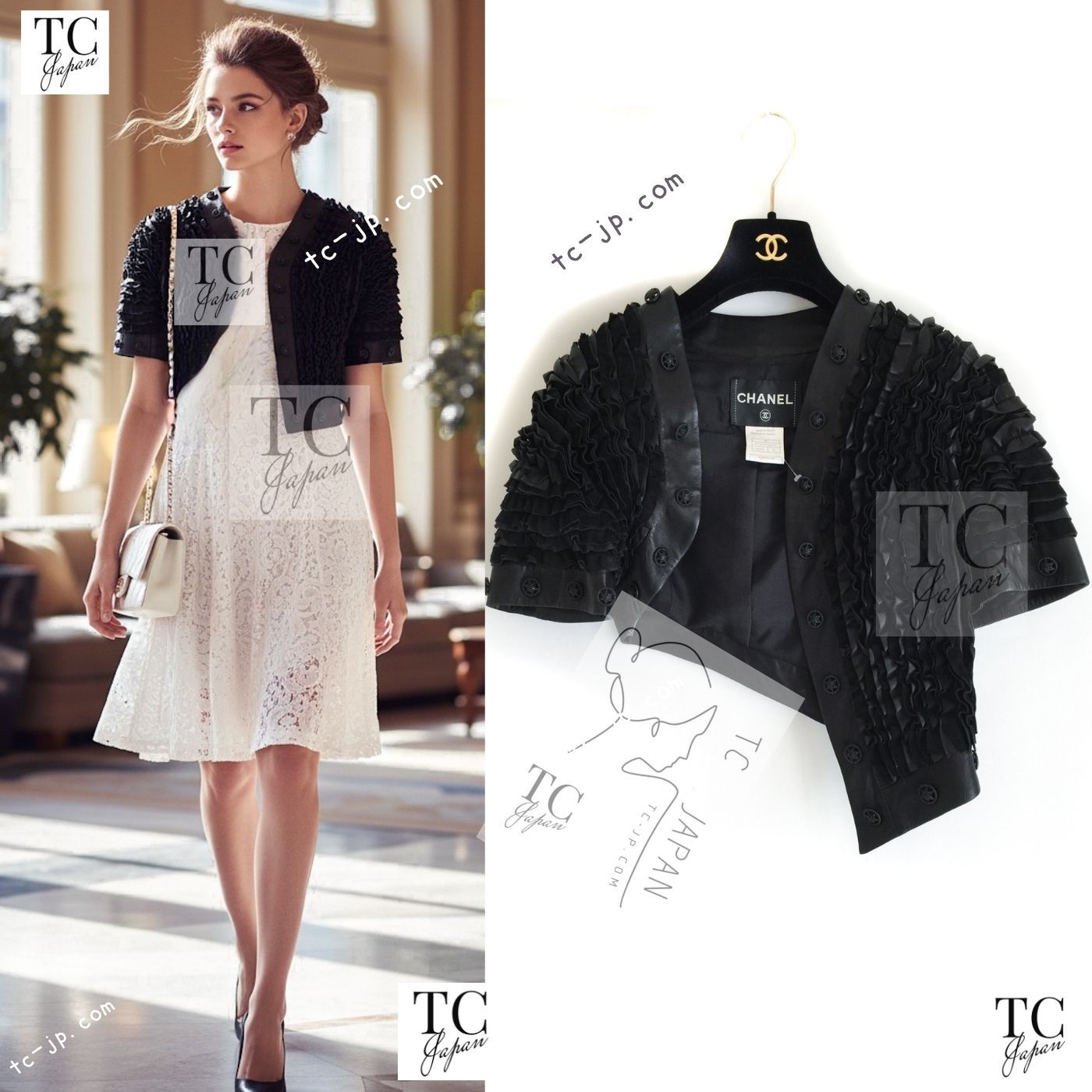 シャネル ジャケット CHANEL ブラック クロップド レザー カール 