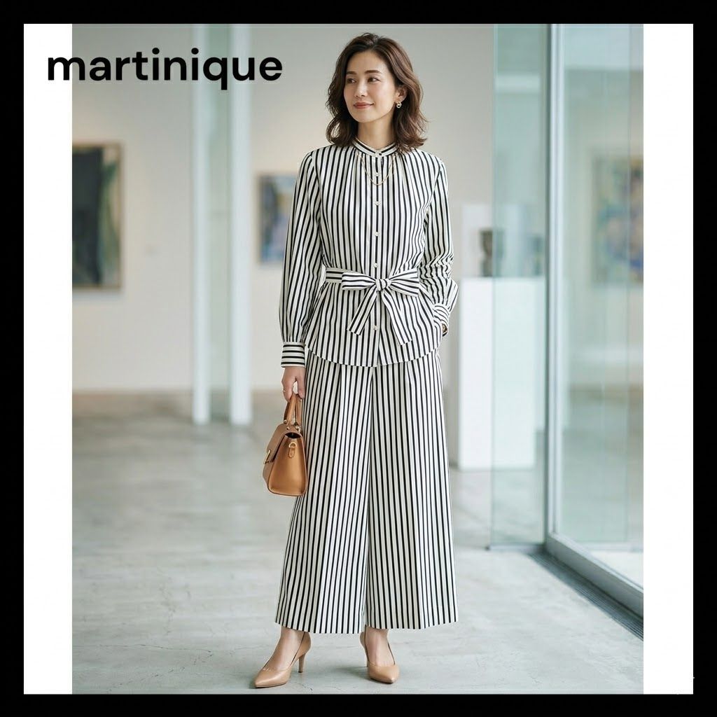 美品 マルティニーク 2,6万円 ストライプ柄ブラウス martinique D マルティニーク martinique ストライプ ブラウス パンツ セット F