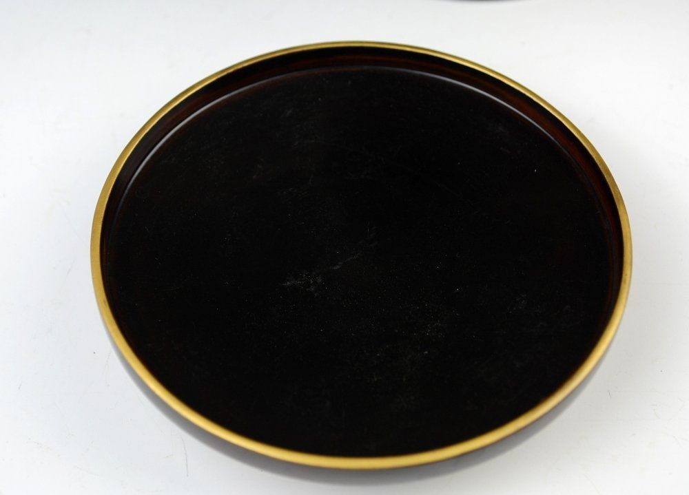時代物 木製漆器 糸目千筋 黒漆金蒔絵 草花文 天目台 盃台