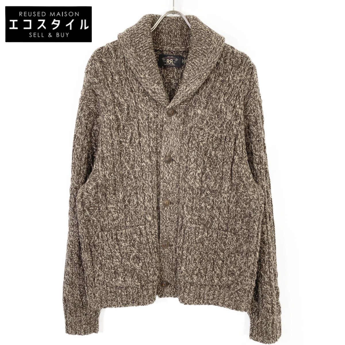 RRL ダブルアールエル ﾌﾞﾗｳﾝ ｳｰﾙ×ｺｯﾄﾝ×ﾘﾈﾝ ｼｮｰﾙｶﾗｰ ｹｰﾌﾞﾙﾆｯﾄｶｰﾃﾞｨｶﾞﾝ 