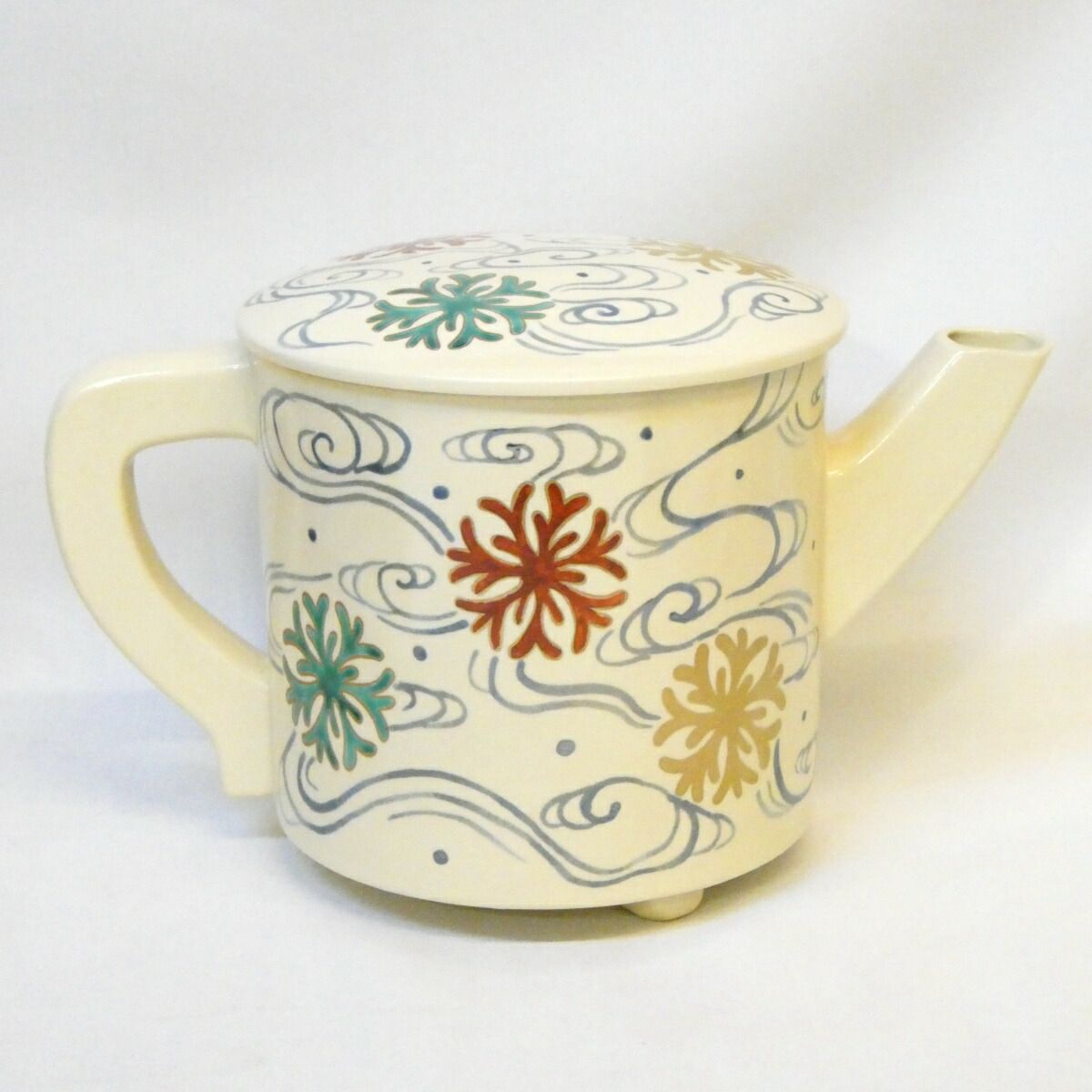 三月の特売品】平安 山川巌作 海松波絵 片口水次（水注）色絵 海松浪
