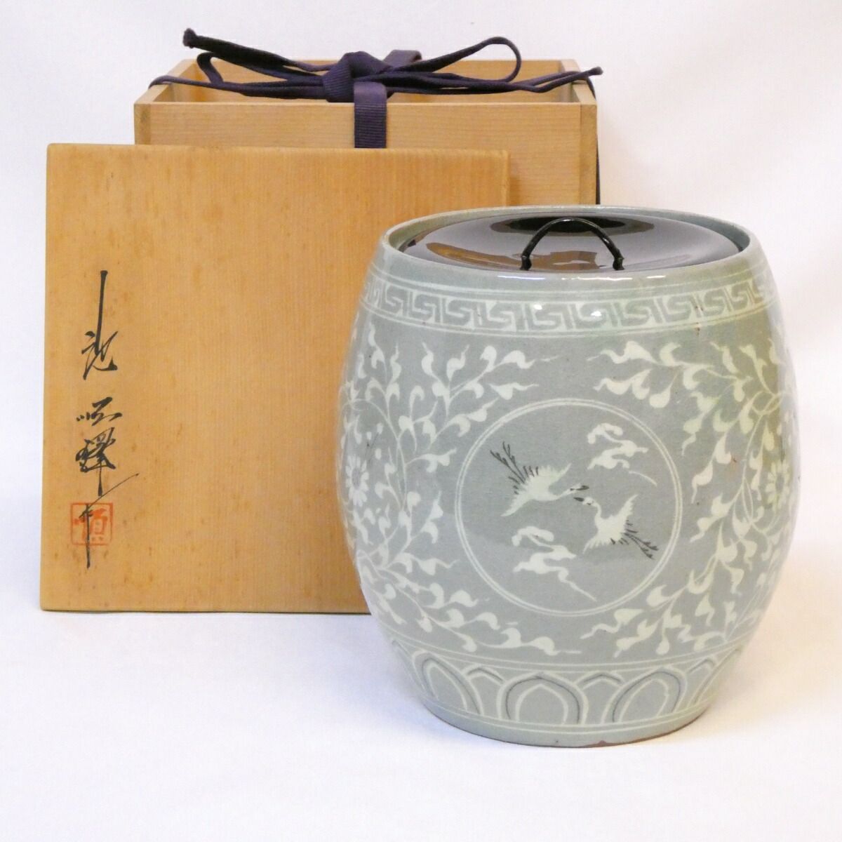 W332 水指 『青磁象嵌雲鶴文』『池順鐸 作』 共箱 茶道具 【公式通販】