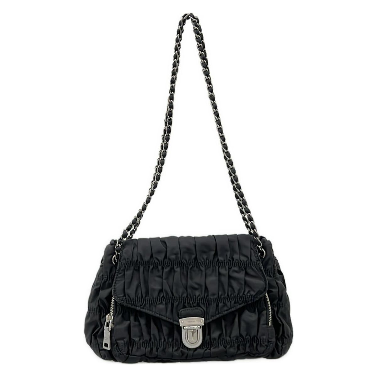 PRADA(プラダ) ショルダーバッグ ギャザーバッグ 黒 革タグ/チェーン 